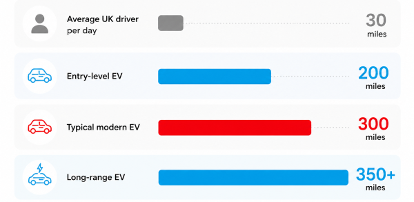 Bar chart comparing average UK daily driving distance with electric vehicle ranges. Average UK driver travels 30 miles per day, shown with a short grey bar. Entry-level EV range is 200 miles, shown with a longer blue bar. Typical modern EV range is 300 miles, shown with a red bar. Long-range EV range is 350+ miles, shown with the longest blue bar. The graphic highlights that EV ranges are significantly greater than the average daily distance driven in the UK.
