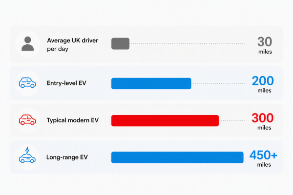 Bar chart comparing average UK daily driving distance with electric vehicle ranges. Average UK driver travels 30 miles per day, shown with a short grey bar. Entry-level EV range is 200 miles, shown with a longer blue bar. Typical modern EV range is 300 miles, shown with a red bar. Long-range EV range is 350+ miles, shown with the longest blue bar. The graphic highlights that EV ranges are significantly greater than the average daily distance driven in the UK.